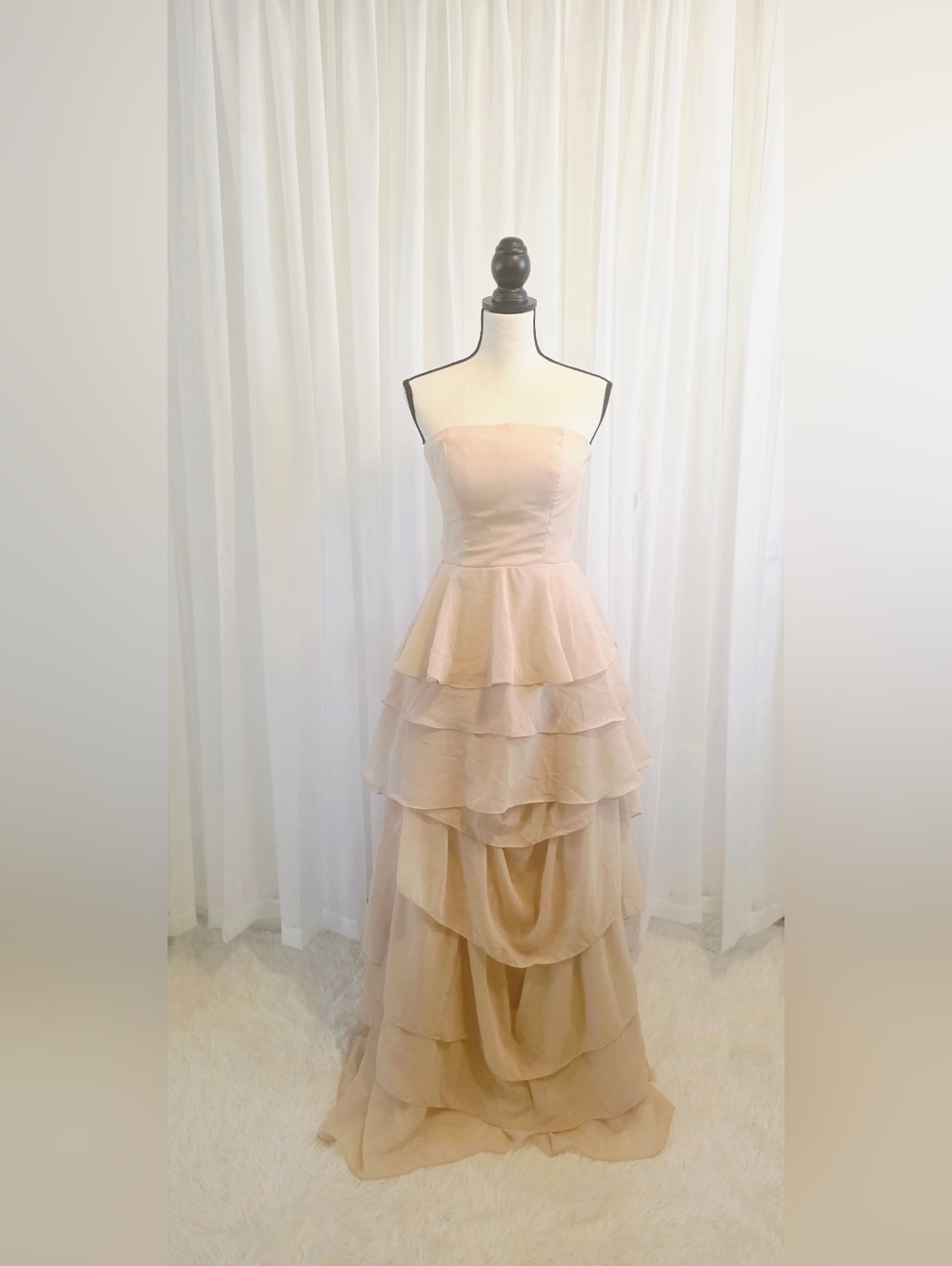Strapless Tiered Chiffon Evening Dress in Blush